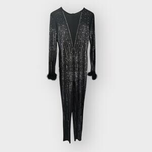 Boutique black and white silver rhinestones tone bodycon jumpsuit